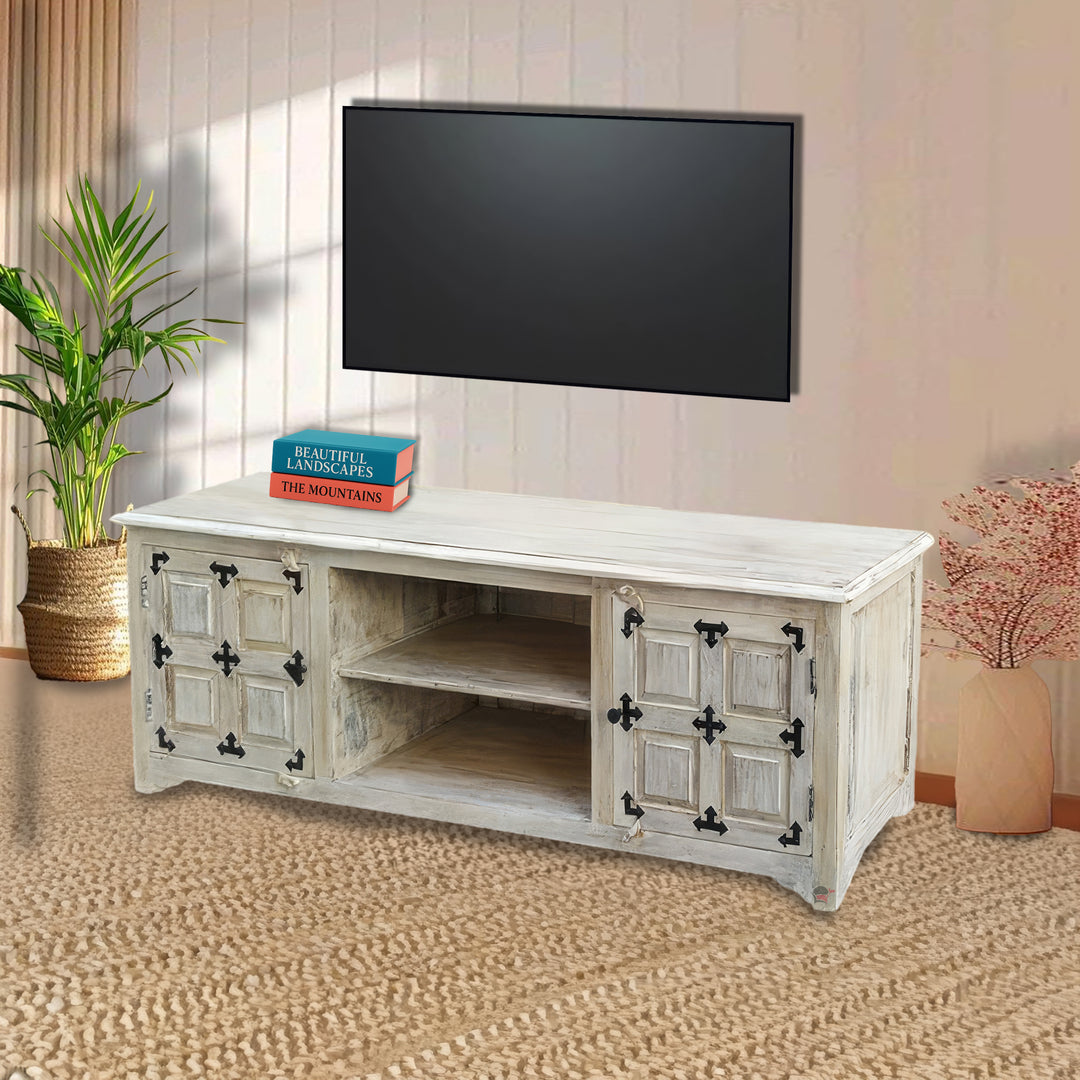 Solid Natural Wood vintage TV Stand White Finish | Dubai Sharjah UAE