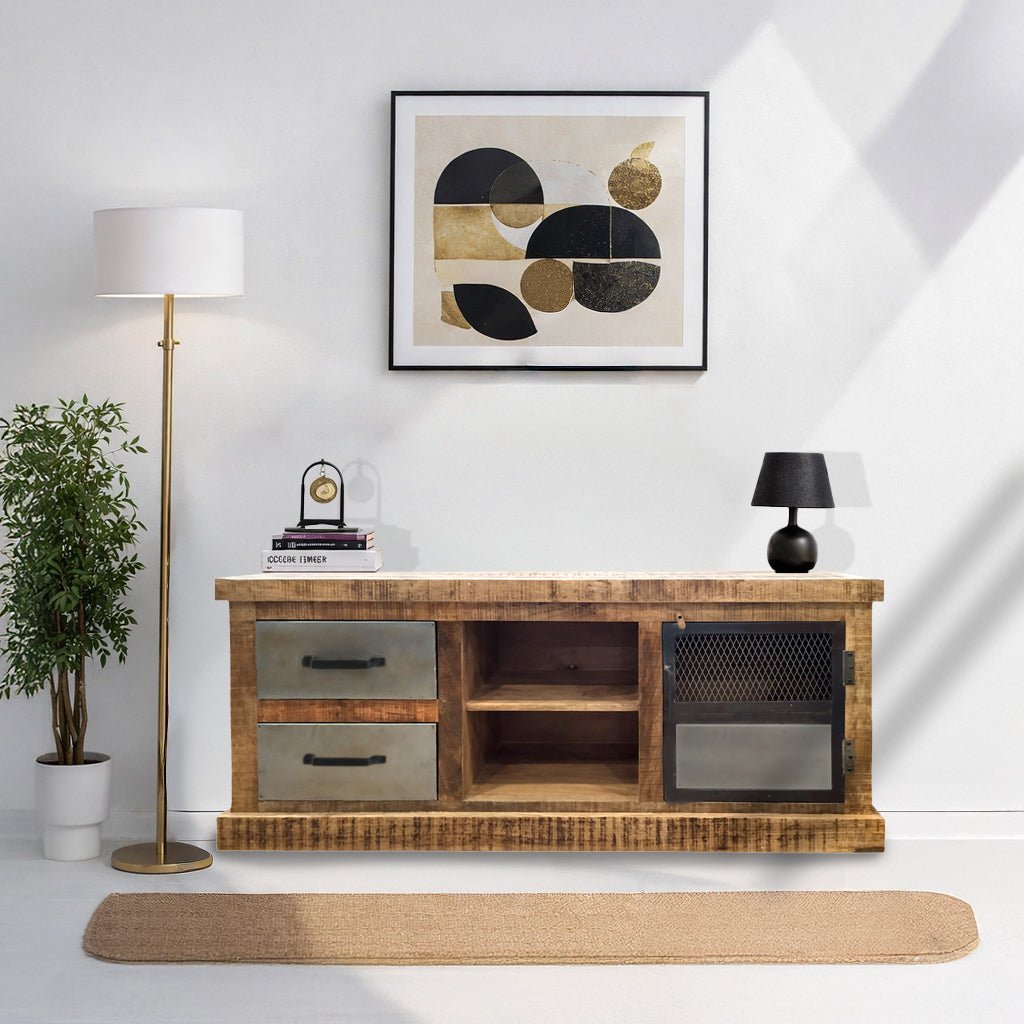 Industrial mango wood TV console with metal accent