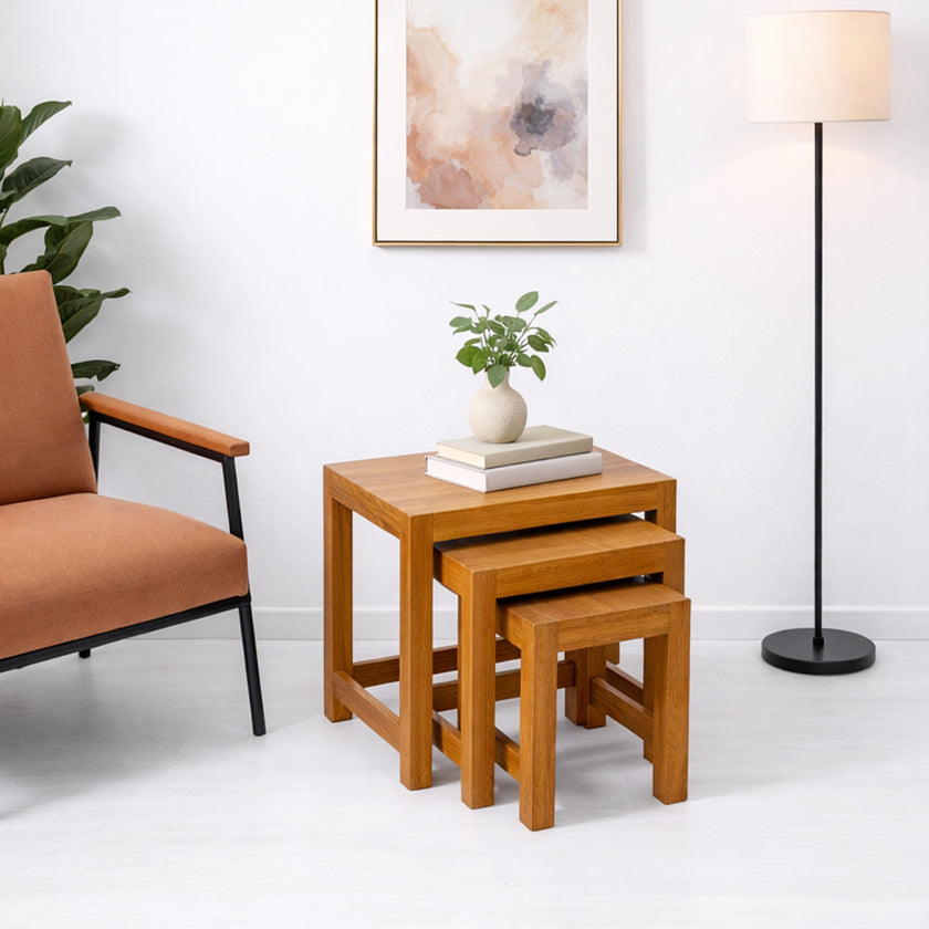 Space saving nesting tables UAE
Wooden side table set Dubai
Solid wood accent tables Oman