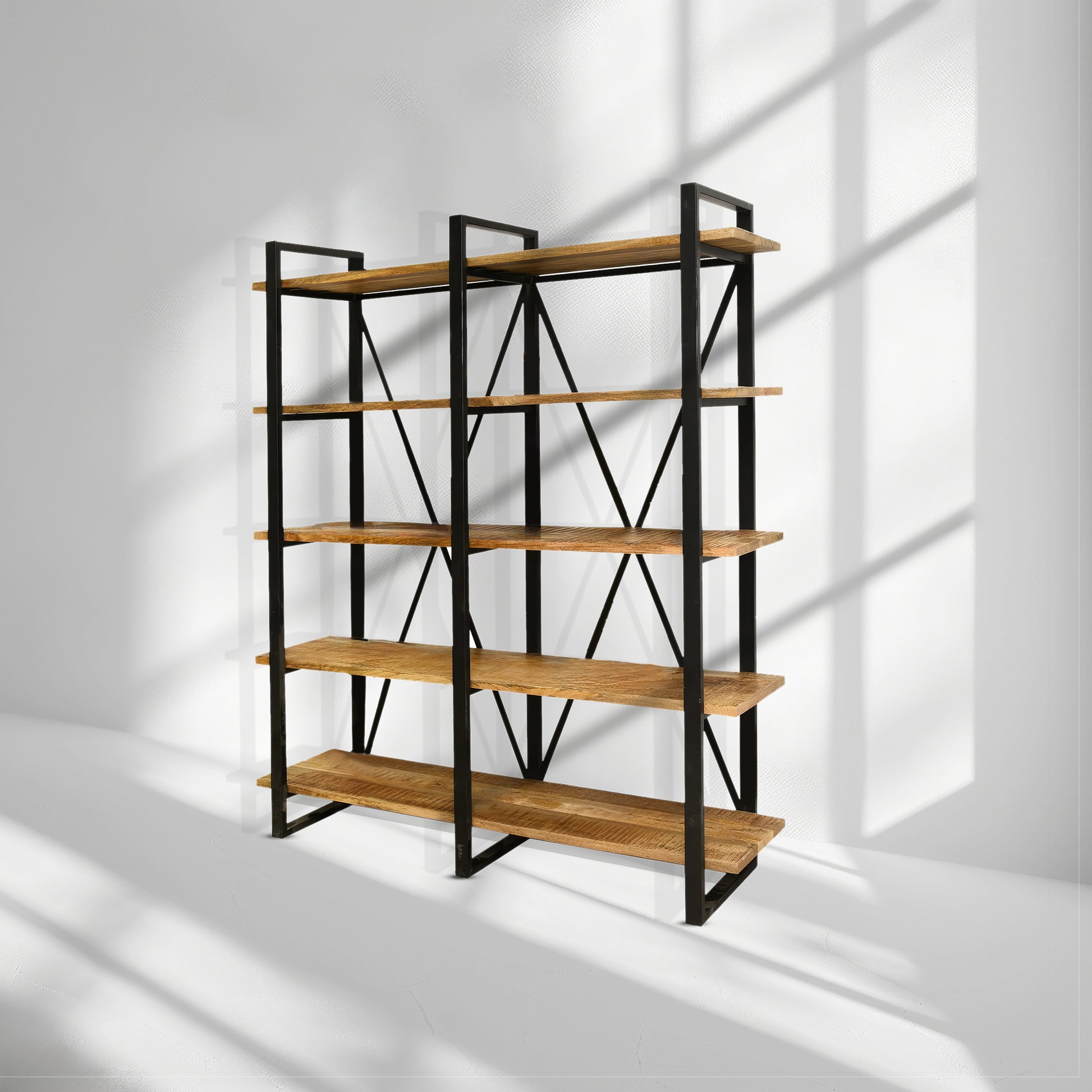 five - tier industrial - style bookshelf cabinet with black metal frame