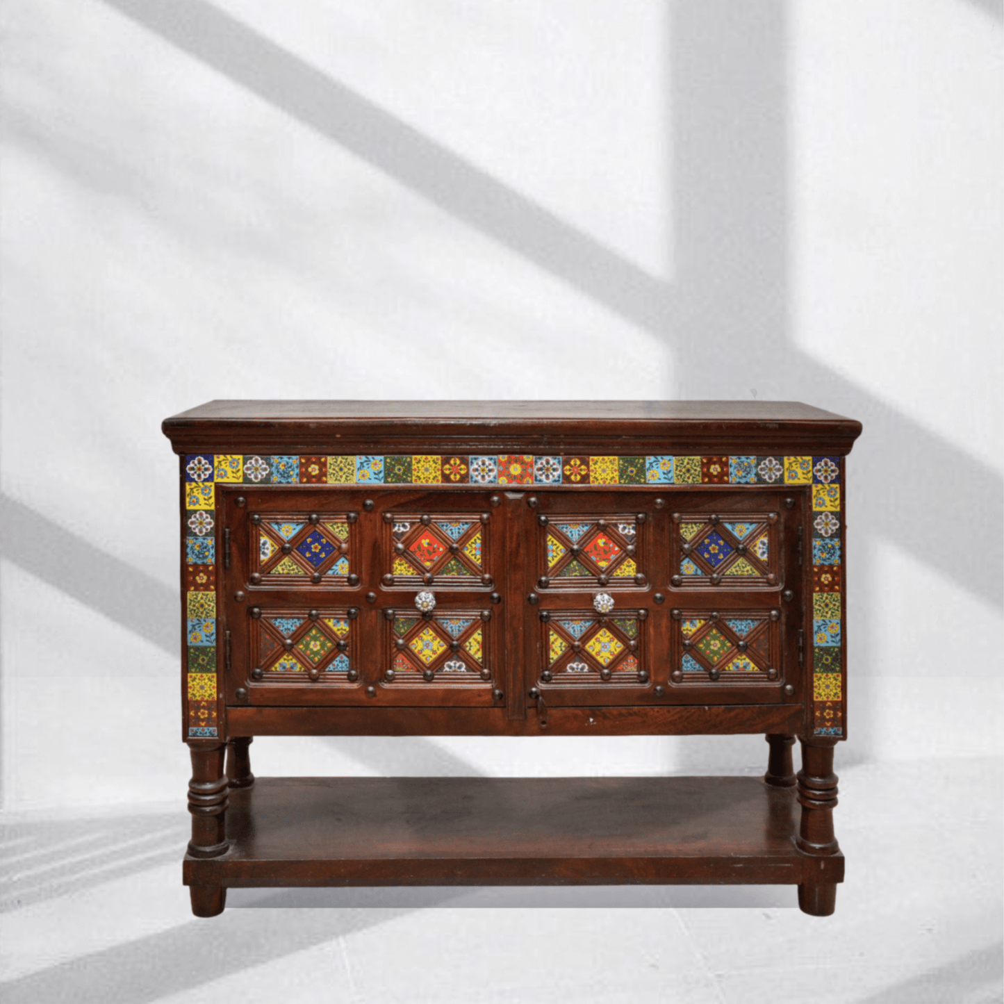  Luxury sideboard Qatar, Artisanal wood storage, Handcrafted Sheesham wood sideboard with ceramic inlay