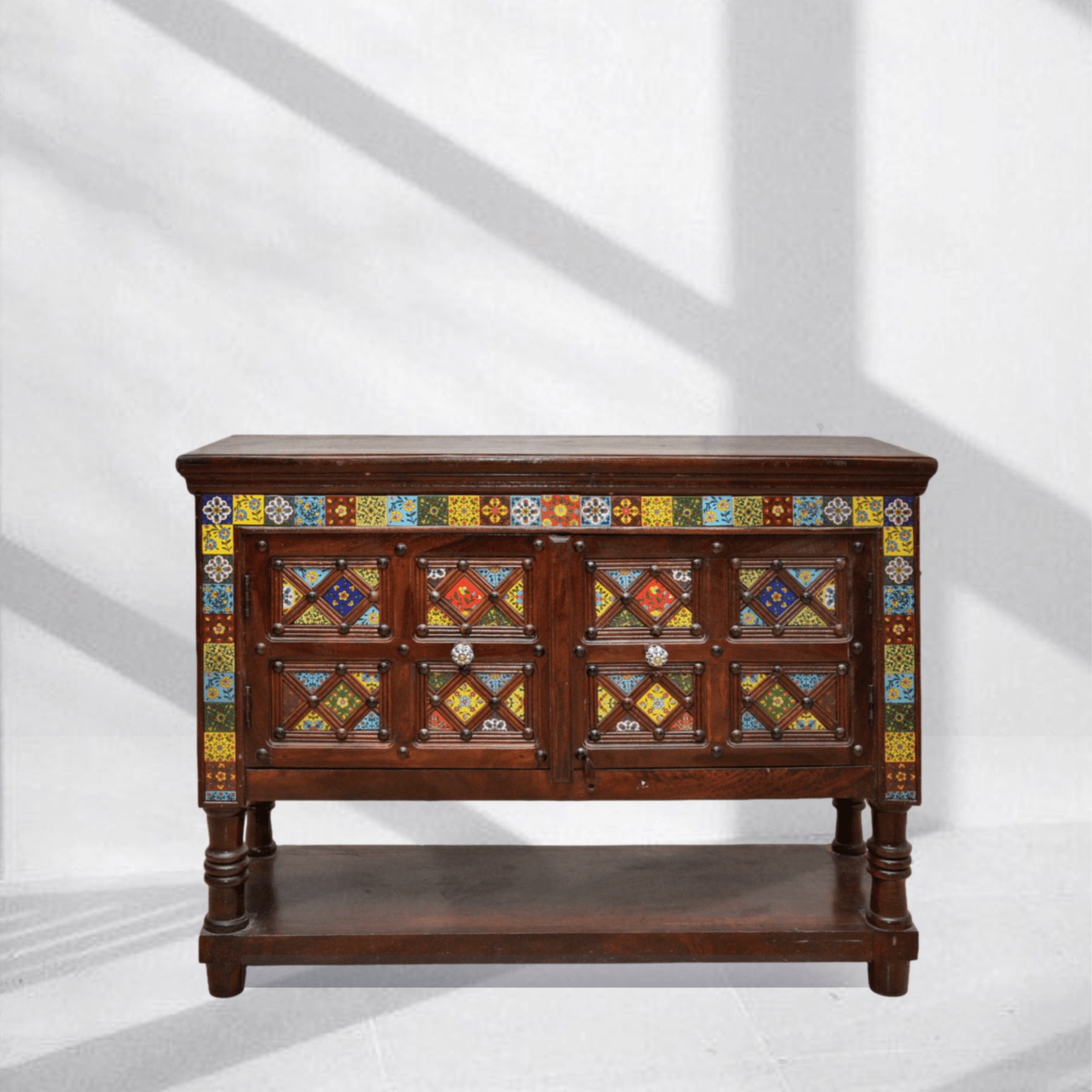 Bohemian Moroccan Tile Inlay Sideboard Cabinet UAE Sheesham Wood