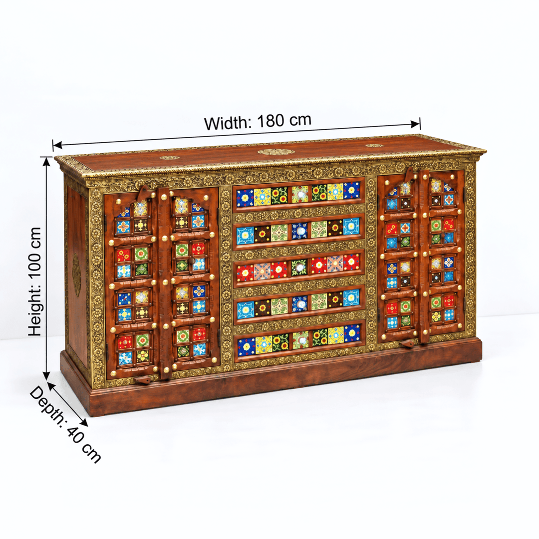 Elaurelia solid wood credenza handmade brass inlay with four doors and five drawers