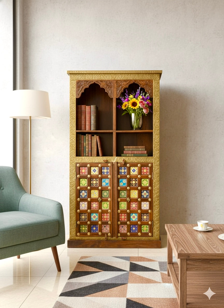 Brass fitted bookshelf Dubai
Premium wooden storage shelf 