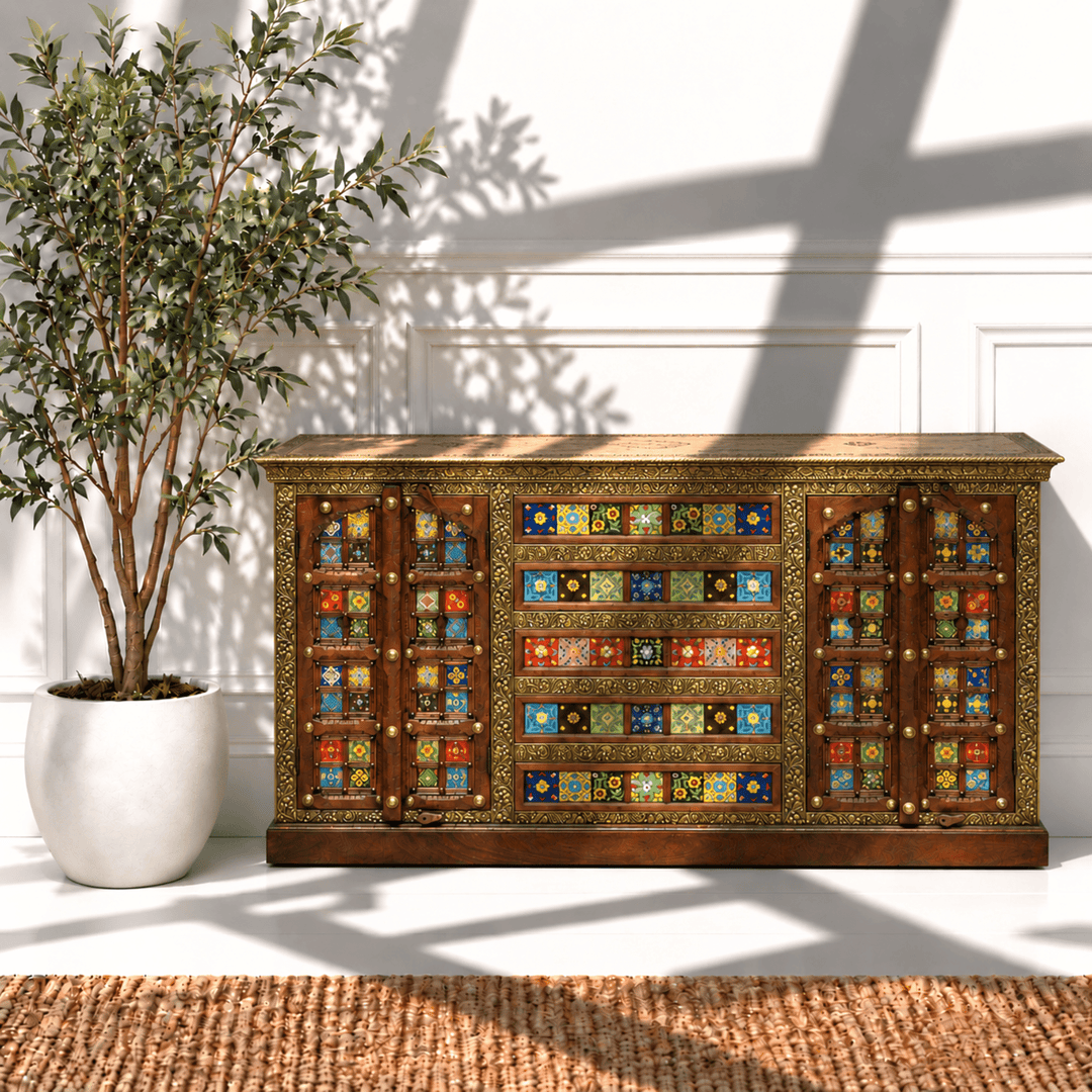 Elaurelia solid wood credenza handmade brass inlay with four doors and five drawers