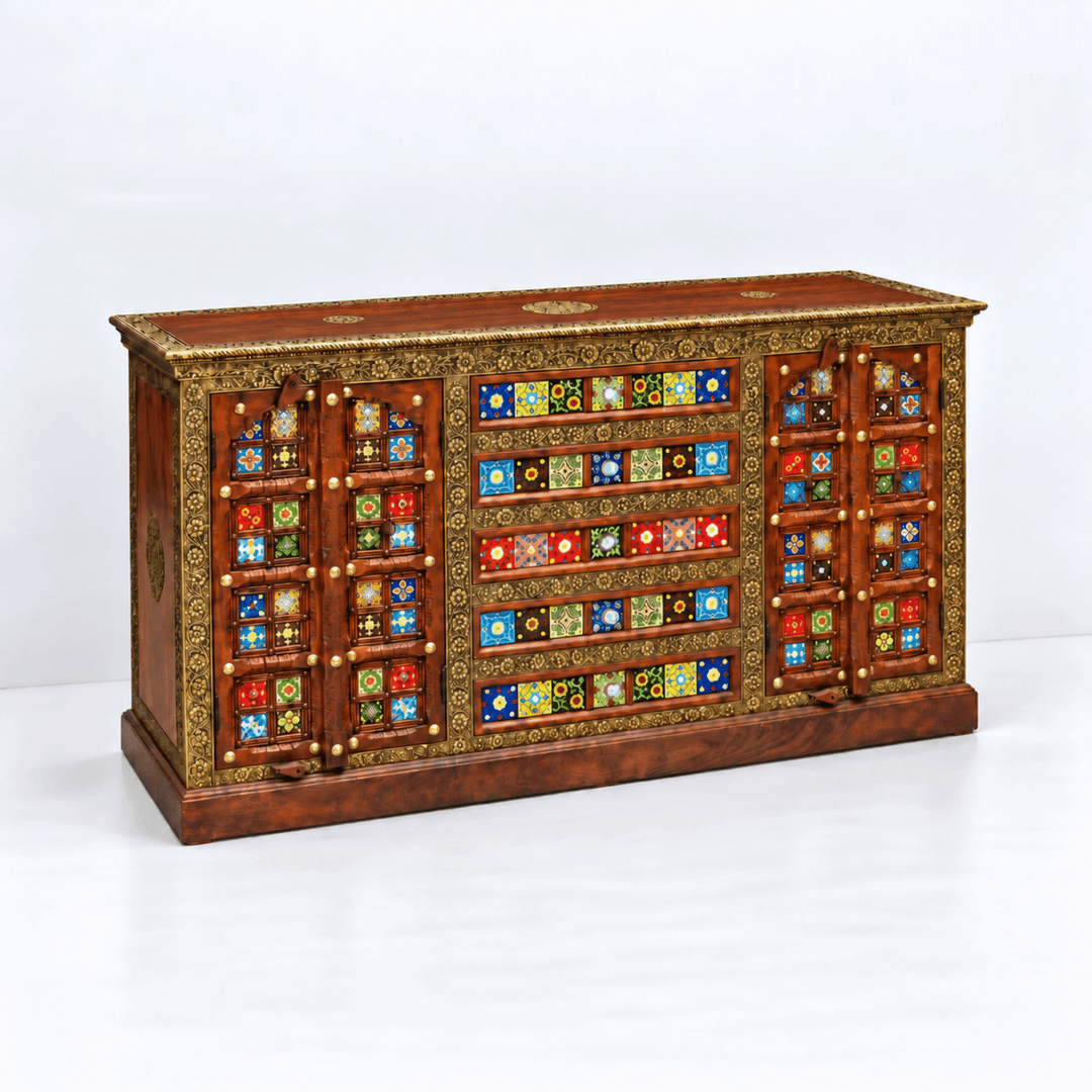 Elaurelia solid wood credenza handmade brass inlay with four doors and five drawers
