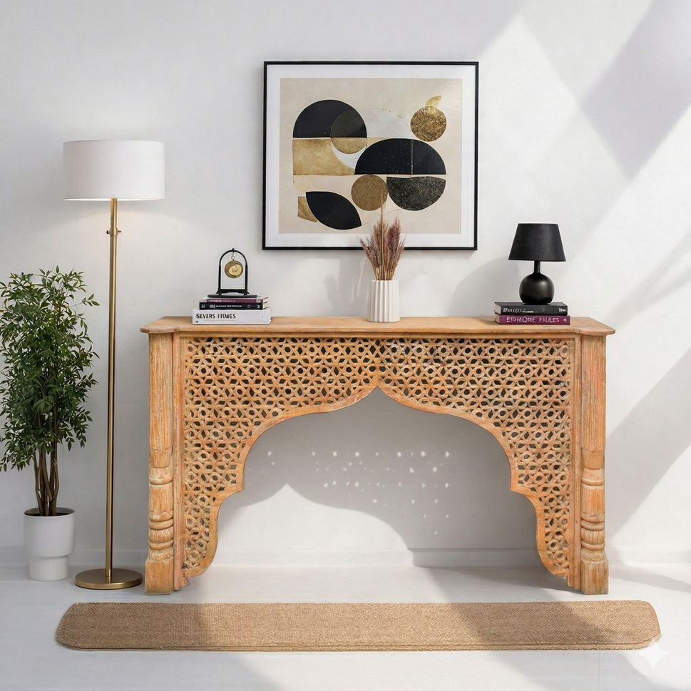 Islamic Arch Wooden Console Table – Elegant Handcrafted Furniture in UAE