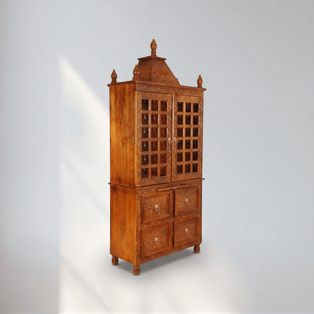 Premium Solid Solid Wood Home Temple Cabinet with Hand-Carved Jali Work doors