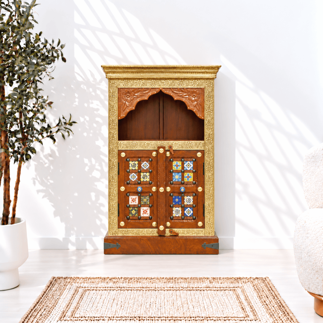Indian Rosewood Pooja Mandapam with Brass and Tile Work