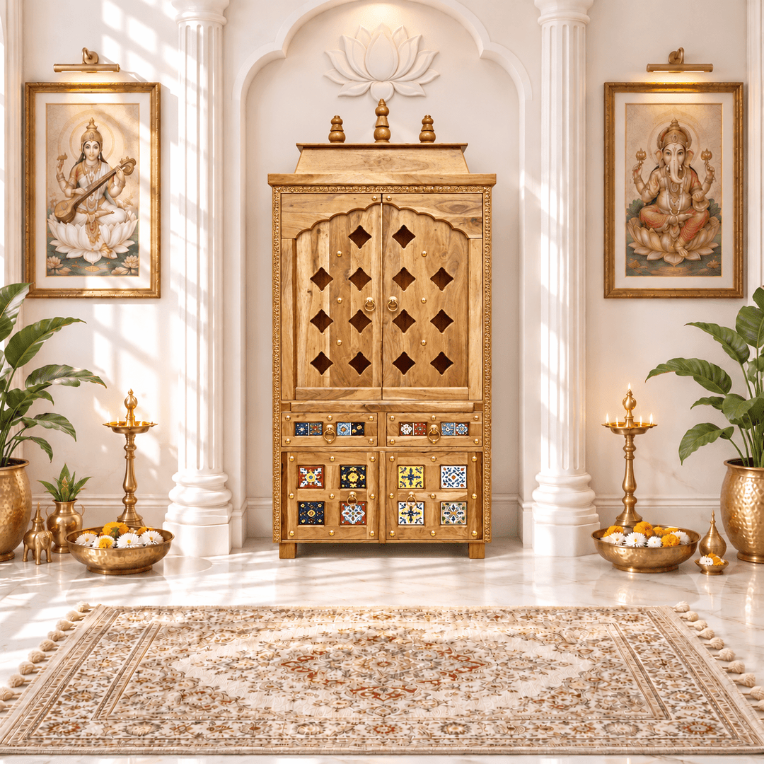 Indian solid Mango wood pooja unit with tiles work with sliding doors