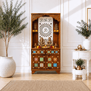 Switch royal om solid wood pooja mandir with handcrafted tile inlay doors, premium solid sheesham wood home temple with ceramic tile work, traditional wooden pooja mandir cabinet with om back panel, 
 1 image