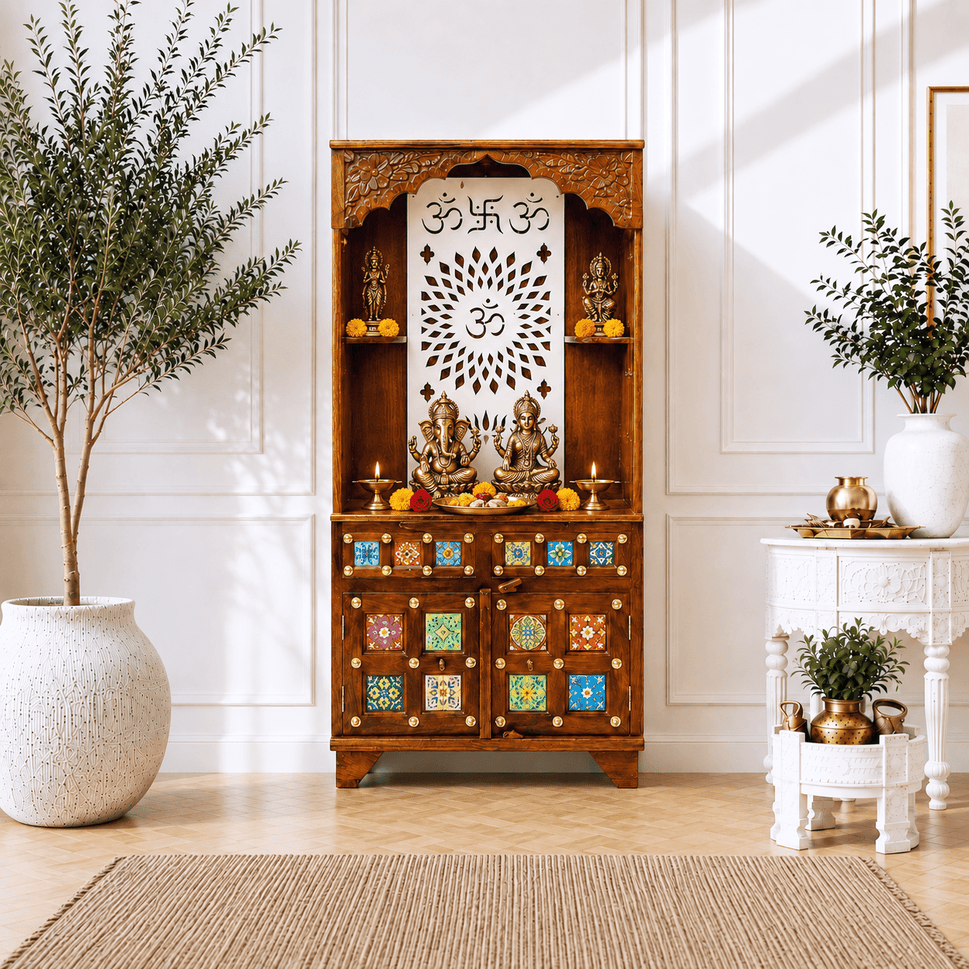 Indian Handmade Wooden Mandir with Om Decorative Panel