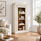 Switch hand-carved mango wood bookcase, solid mango wood bookshelf, carved wooden bookshelf, open-shelf bookcase, wooden display cabinet, open display cabinet, mango wood display unit, 
 1 image