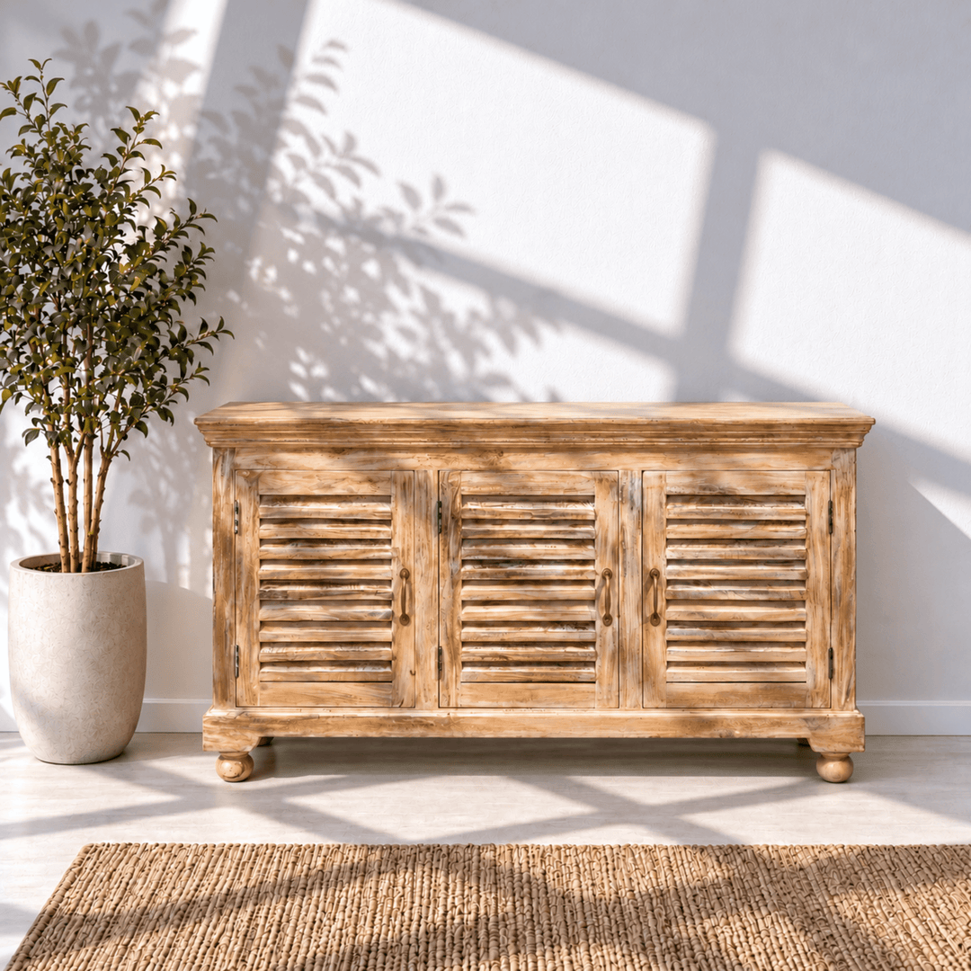 Farmhouse solid wood sideboard cabinet with louvered doors - rustic buffet console