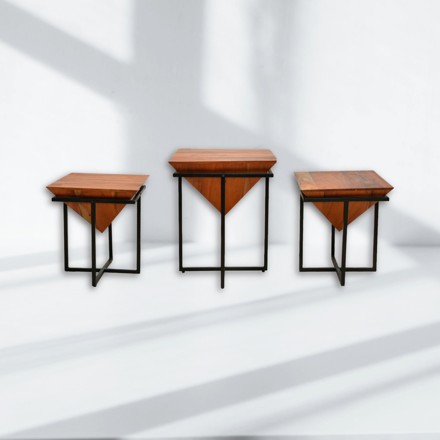 Metal Wood Pyramid Shape End Table set of 3 pcs with Honey Teak Finish | Dubai UAE