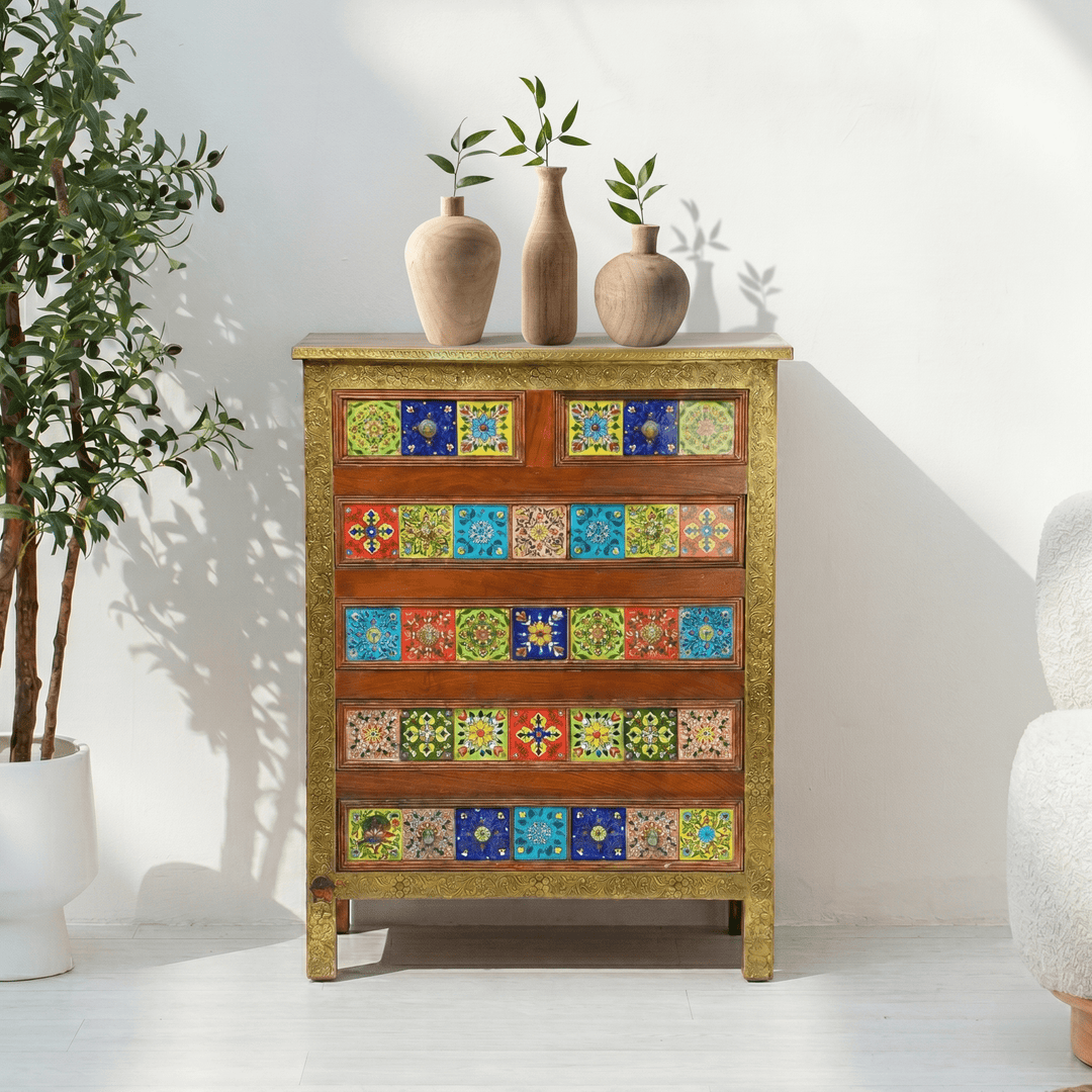 Wooden handicrafted chest of drawer with ceramics tiles | Marrakech Drawer Chest