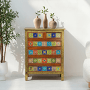 Switch Brass fitted wooden drawer cabinet, Ceramic tile work drawer chest, Solid wood furniture in Dubai, Indian solid wood furniture online UAE,  1 image