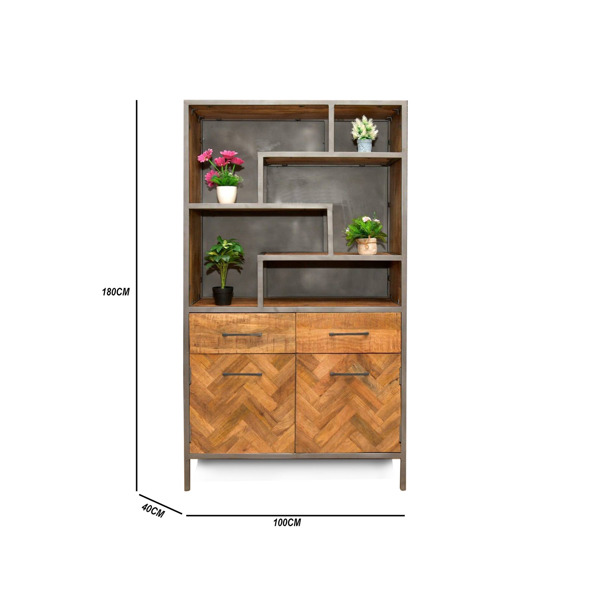 Wooden & metal display shelf with 2 drawer with 2 doors cabinet