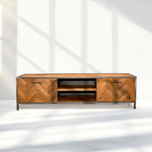 Handicrafted wooden tv cabinet with iron legs