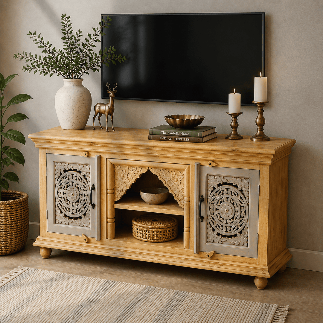 Elegant Wooden TV Stand with Carved Doors & Shelves UAE | Dubai