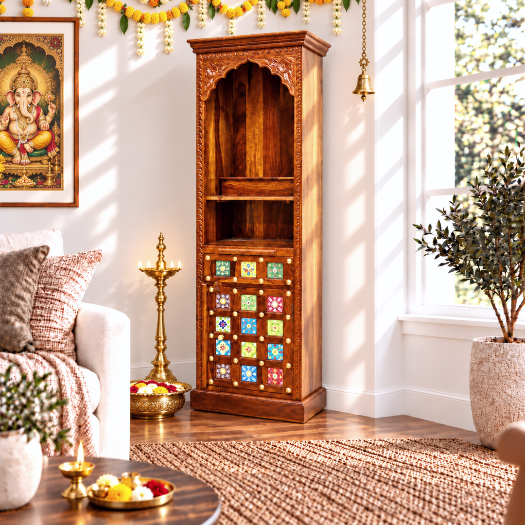 Compact-Width Sheesham Wood Pooja Mandir with Brass-Fitted Door