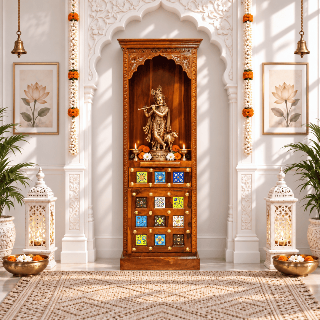 Narrow Solid Rosewood Pooja Mandir with Tile Work and Storage Cupboard