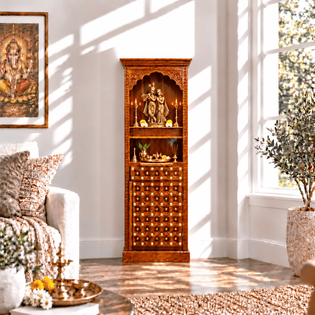 Tower-Style Rosewood Home Mandir with Storage Shelves