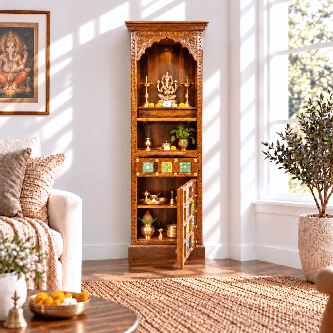 Compact-Width Sheesham Wood Pooja Mandir with Brass-Fitted Door