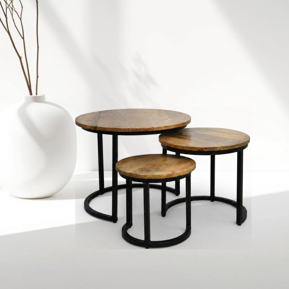 Velora round nesting side table mango wood set of 3 piece