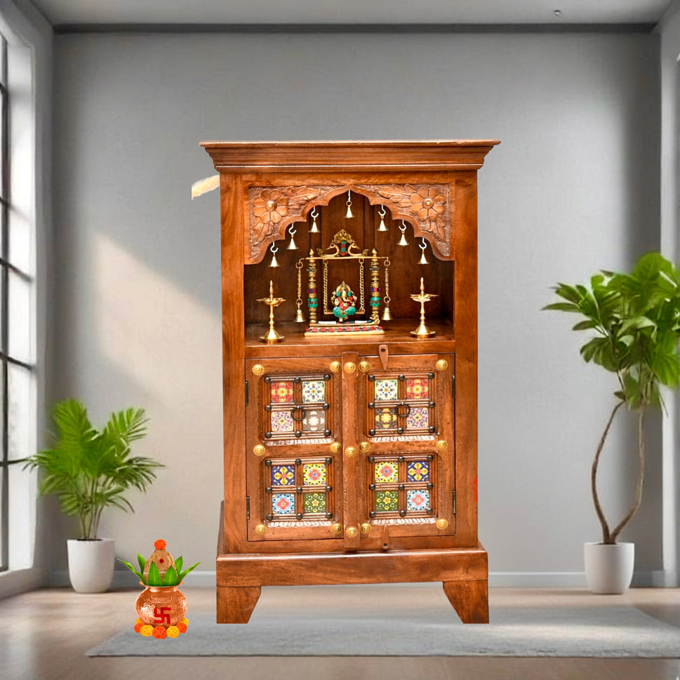 Wooden hand carving pooja temple with tiles work