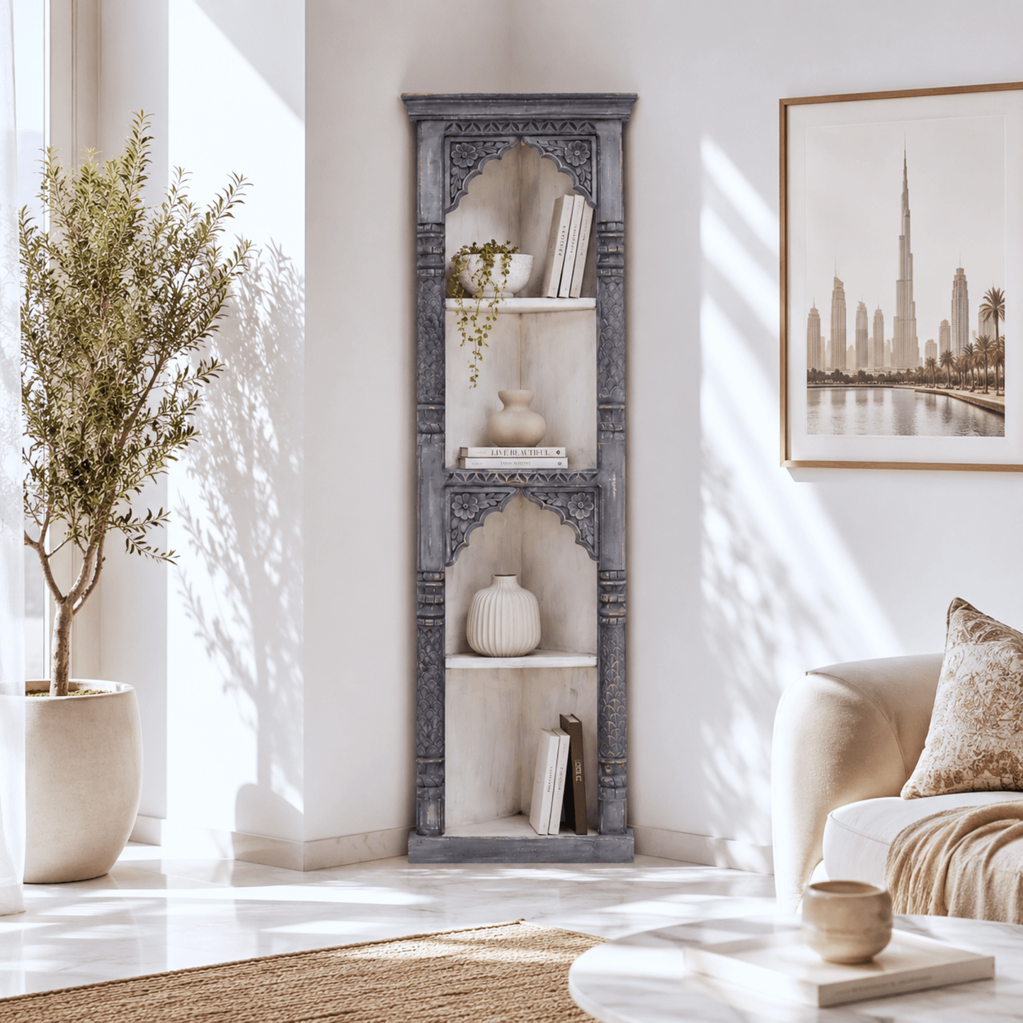 Solid mango wood bookshelf, Navy blue bookcase, Rustic antique finish shelf, Wooden shelving unit, Display rack mango wood UAE, Library unit hand made Dubai, Standing shelf unit real wood Abu Dhabi, 