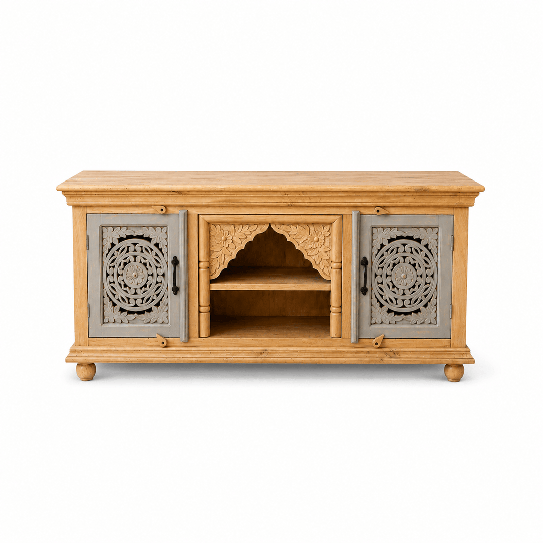Elegant Wooden TV Stand with Carved Doors & Shelves UAE | Dubai
