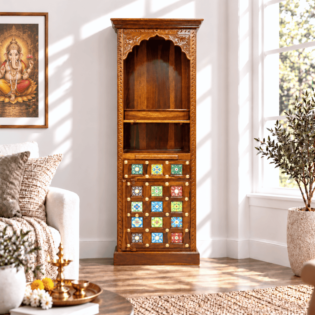 Compact-Width Sheesham Wood Pooja Mandir with Brass-Fitted Door