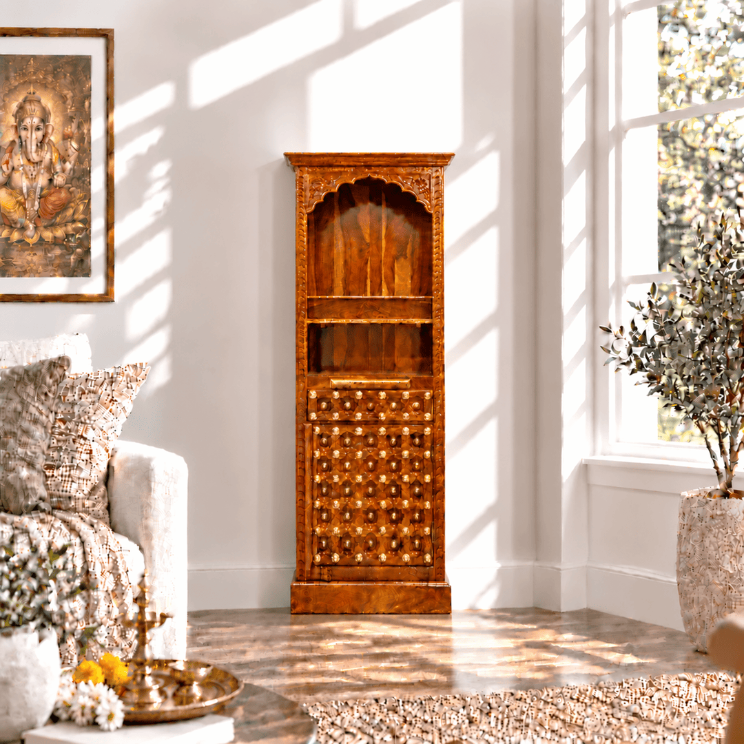 Tower-Style Rosewood Home Mandir with Storage Shelves