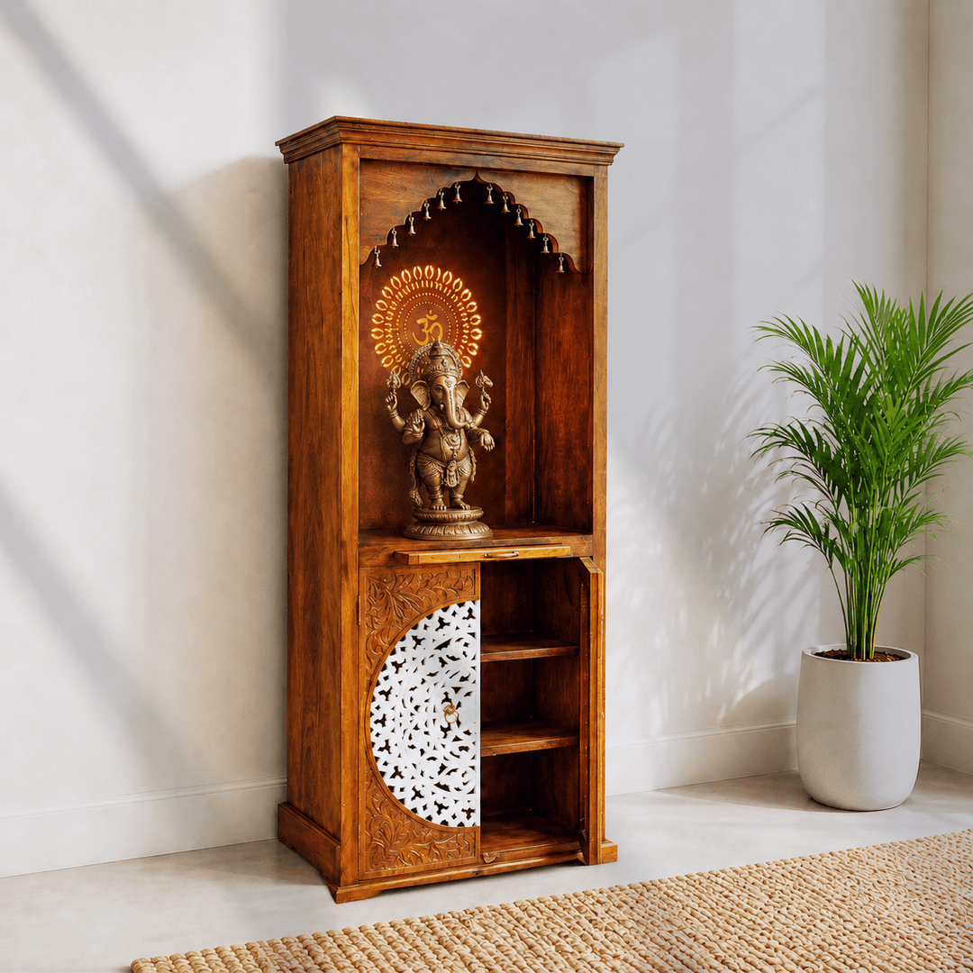 Handcrafted Wooden Hindu Worship Cabinet with Elegant Arch Design