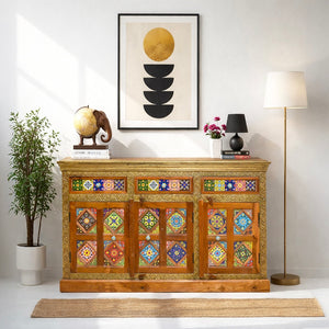 Solid wood sideboard with wood color finish with tiles work