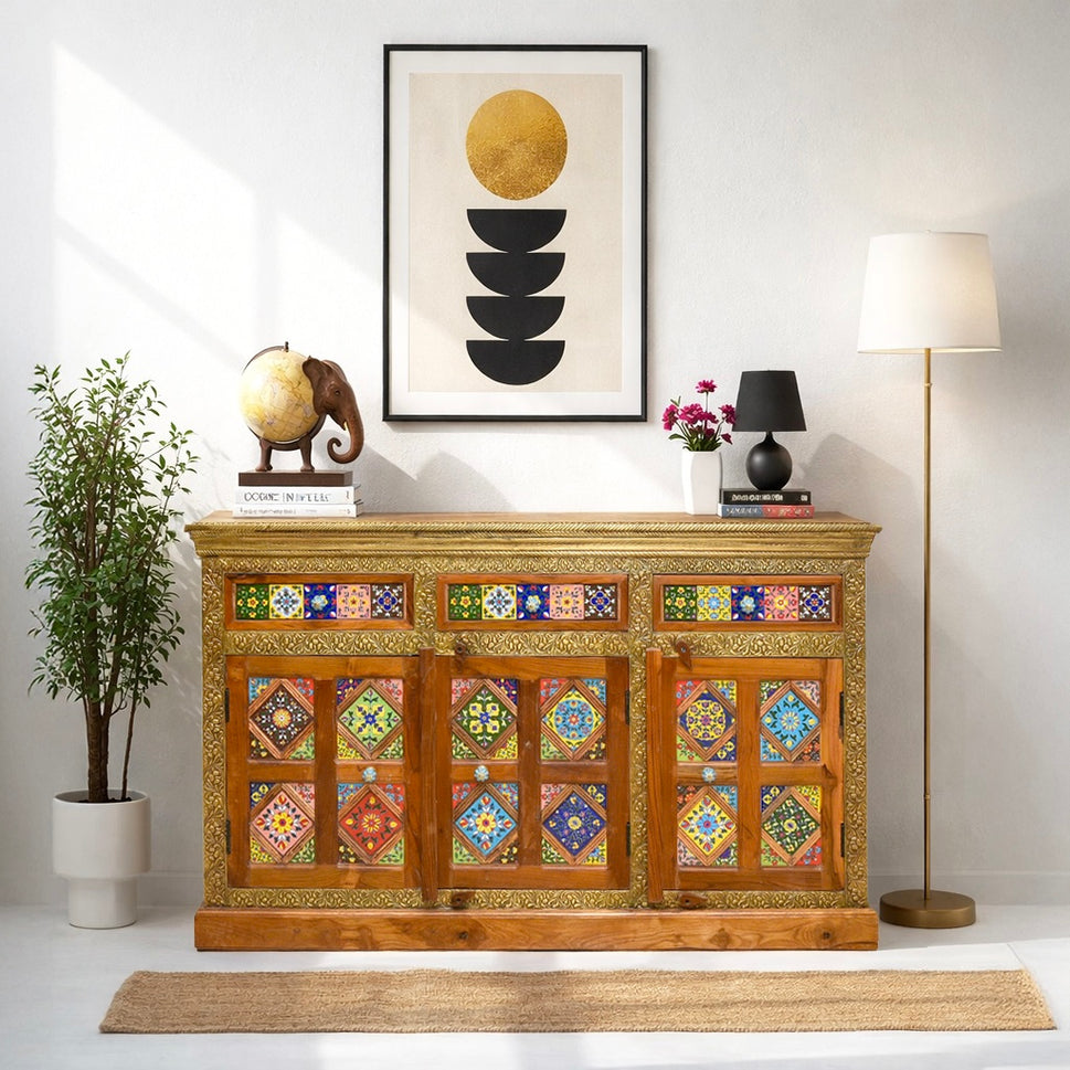 Solid wood sideboard with wood color finish with tiles work