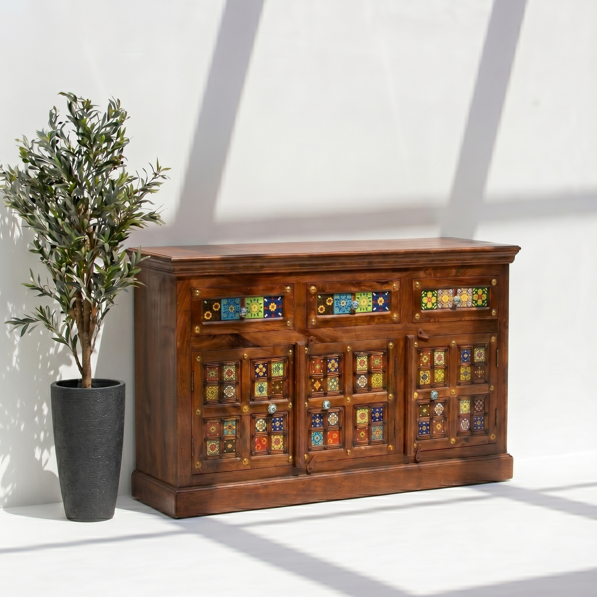 Bohemian Wooden Sideboard with Tile Work | Dubai