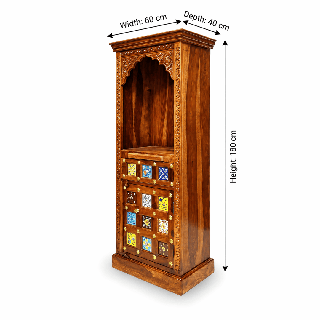 Narrow Solid Rosewood Pooja Mandir with Tile Work and Storage Cupboard