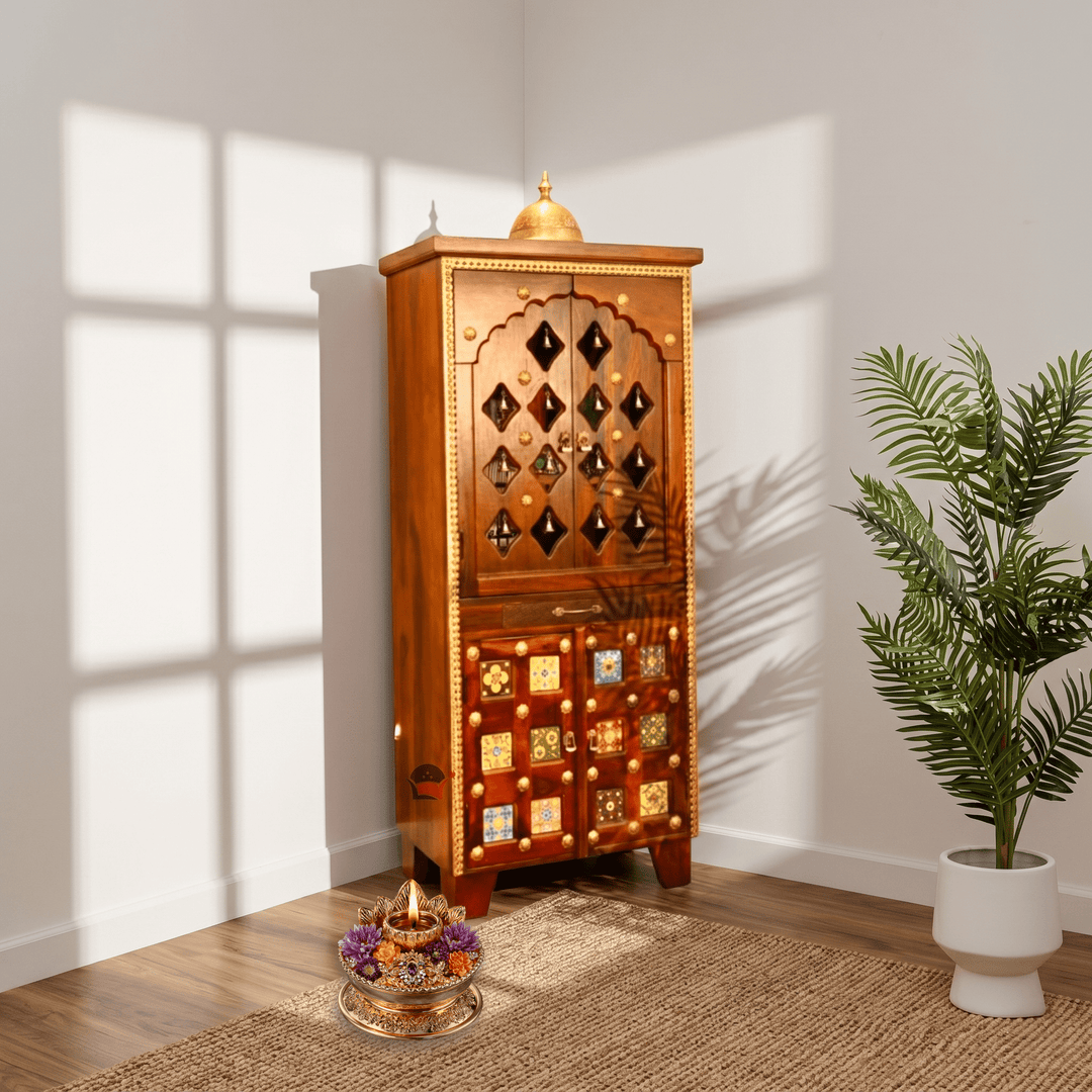 Sheesham wood home temple with natural wood finish
