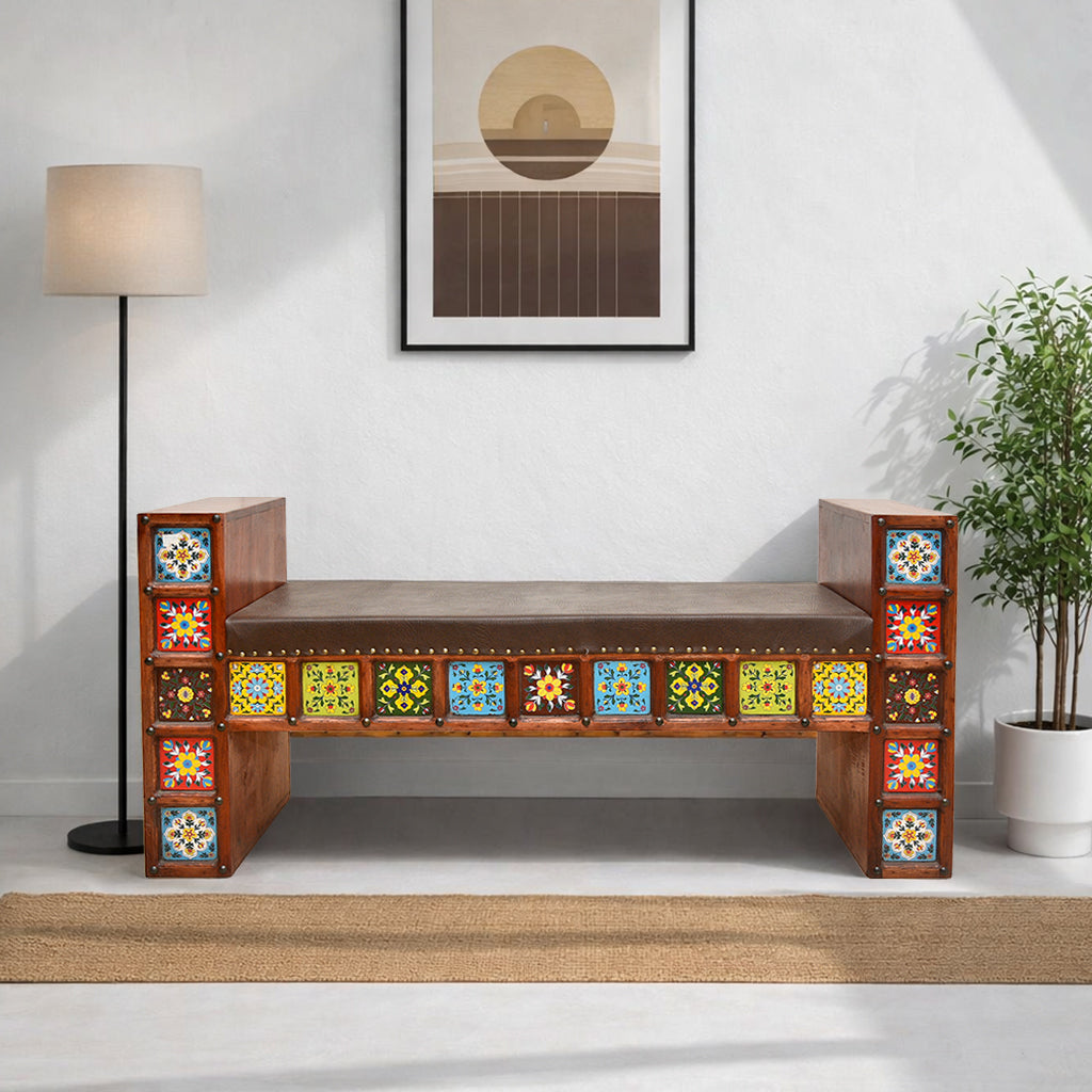 Real sheesham wood bench with hand tiles work
