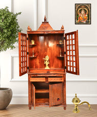 Hand made mango wood home temple with door in cut work