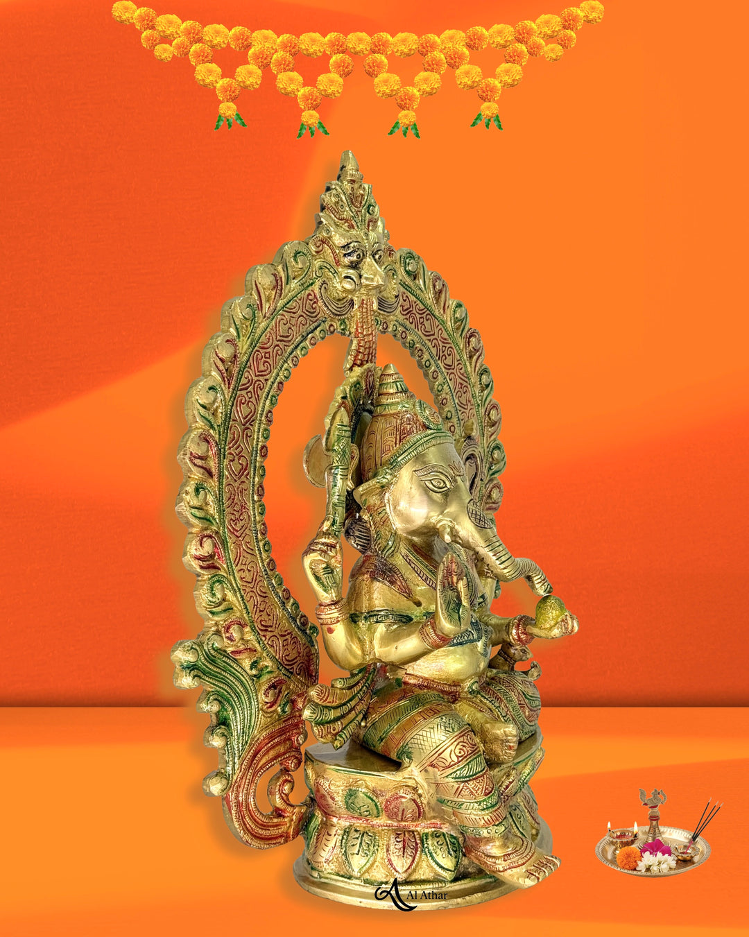 Brass Ganesha Sitting Idol With Meena Work 14X11 inches For Home Decoration