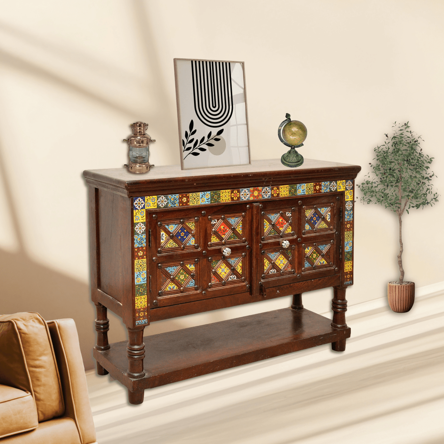 Natural finish wood sideboard with colorful tile detailing, Moroccan patterned ceramic inlay furniture Oman, Sheesham wood.
