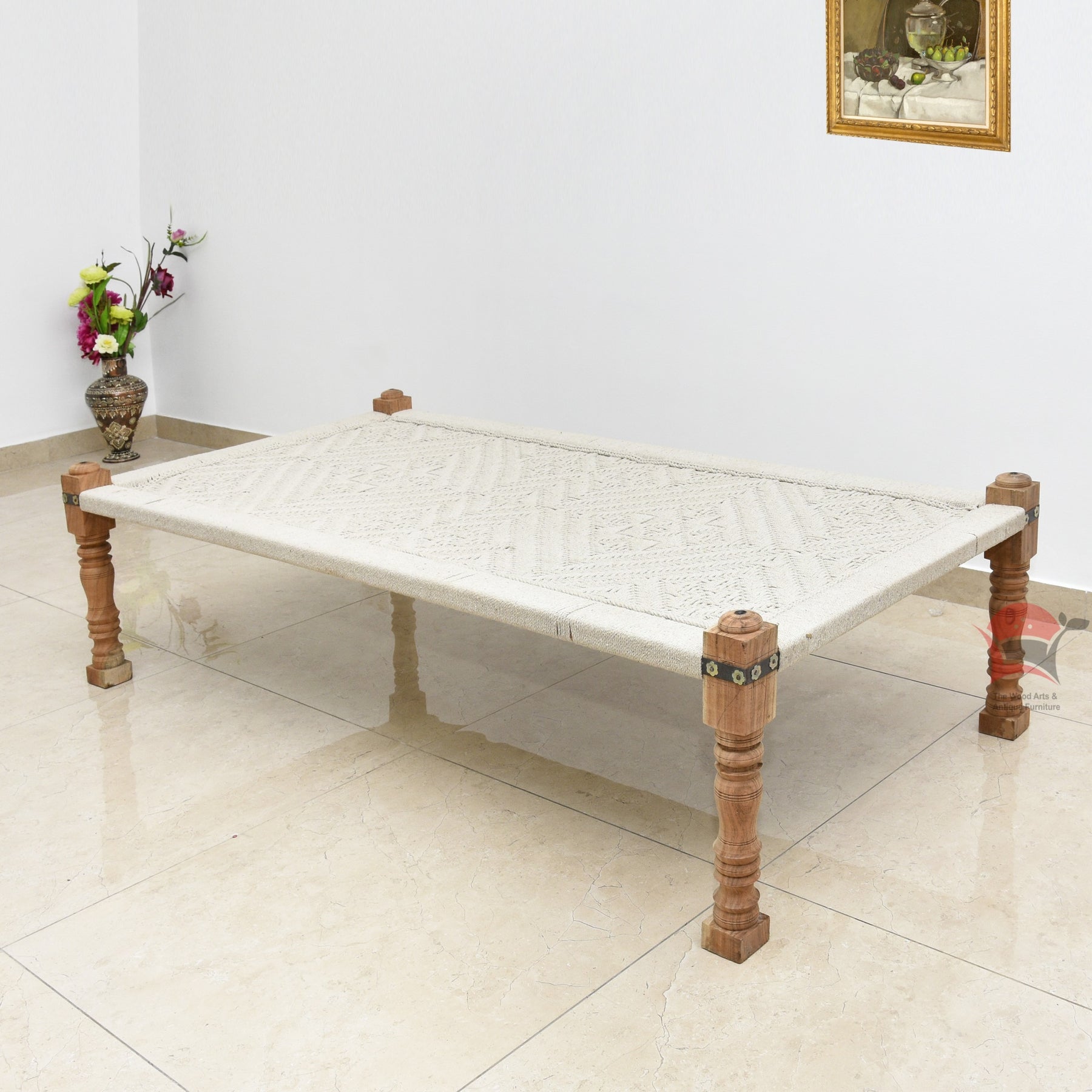Wooden charpai with white cotton weaving with wooden frame