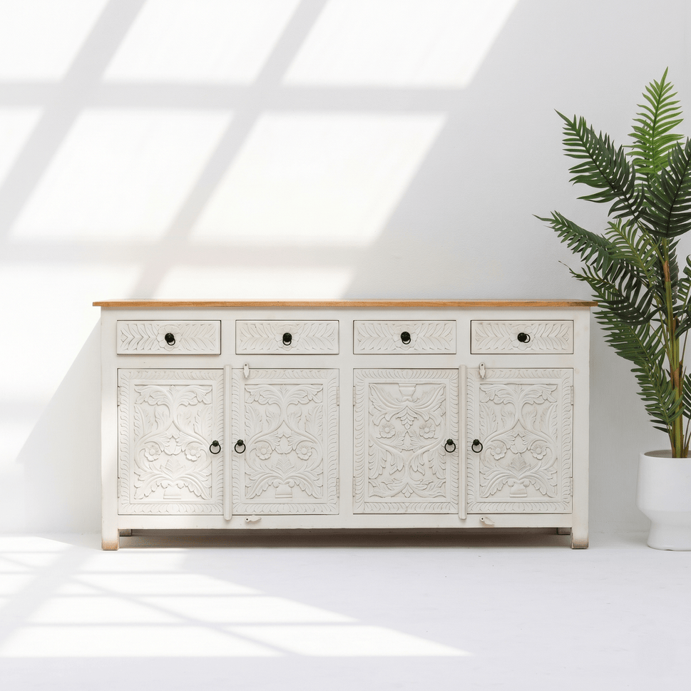 Elysia White Hand-Carved Sideboard cabinet – 4 Door 4 Drawer Storage Console
