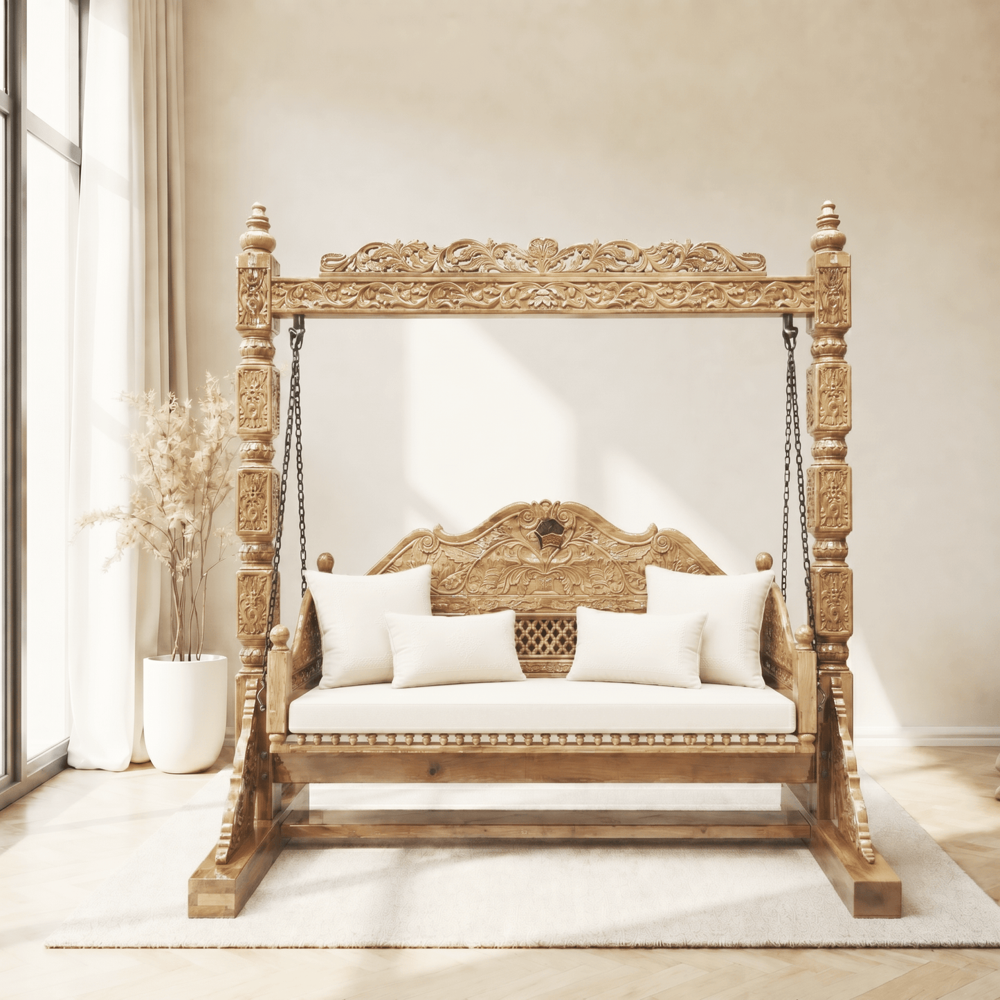 Garden jhula solid wood, indoor swing hand made, swing for home natural wood UAE,Natural wood finish swing for garden,Out door jhula,real wood hanging seat UAE,Traditional hanging mango wood swing bench,