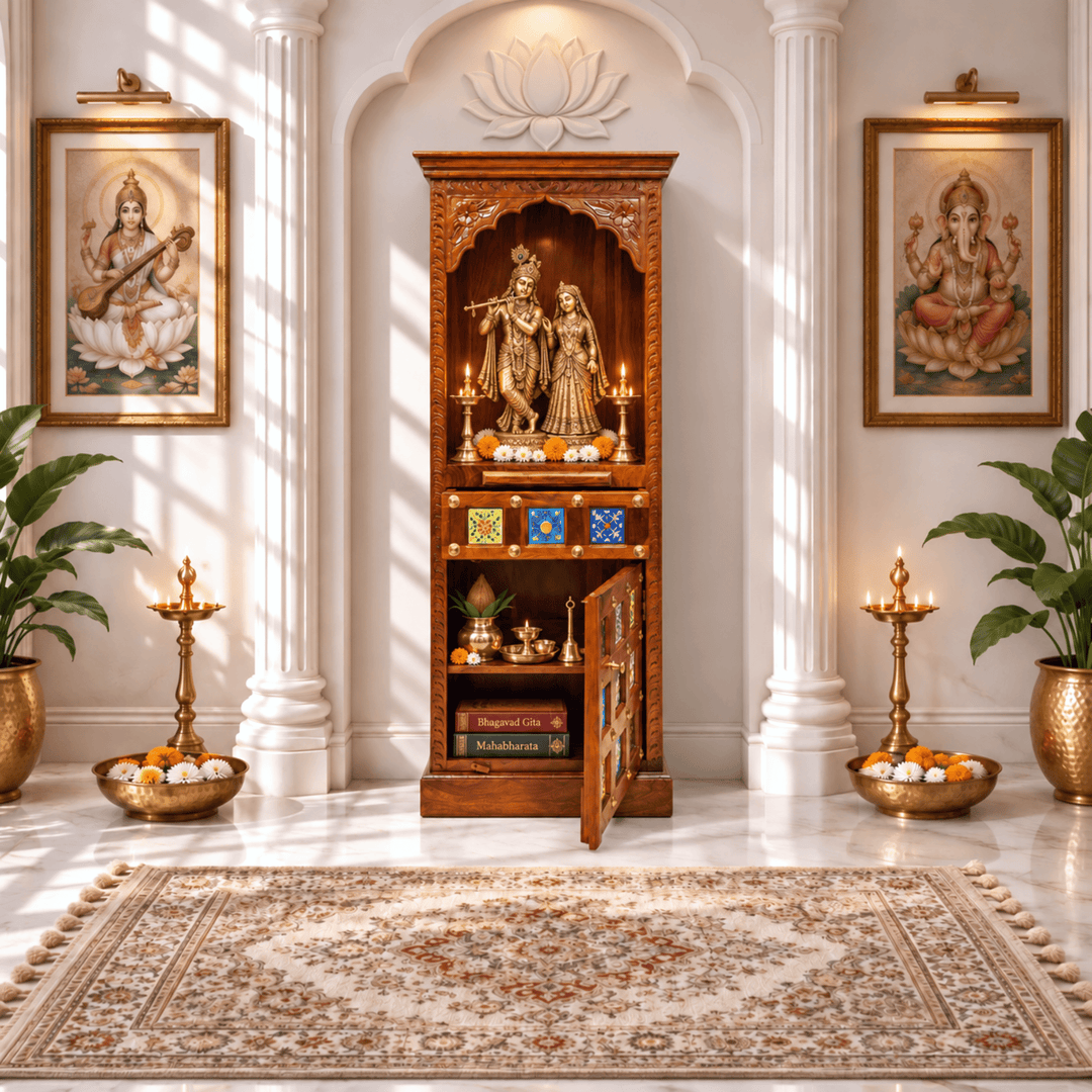 Narrow Solid Rosewood Pooja Mandir with Tile Work and Storage Cupboard