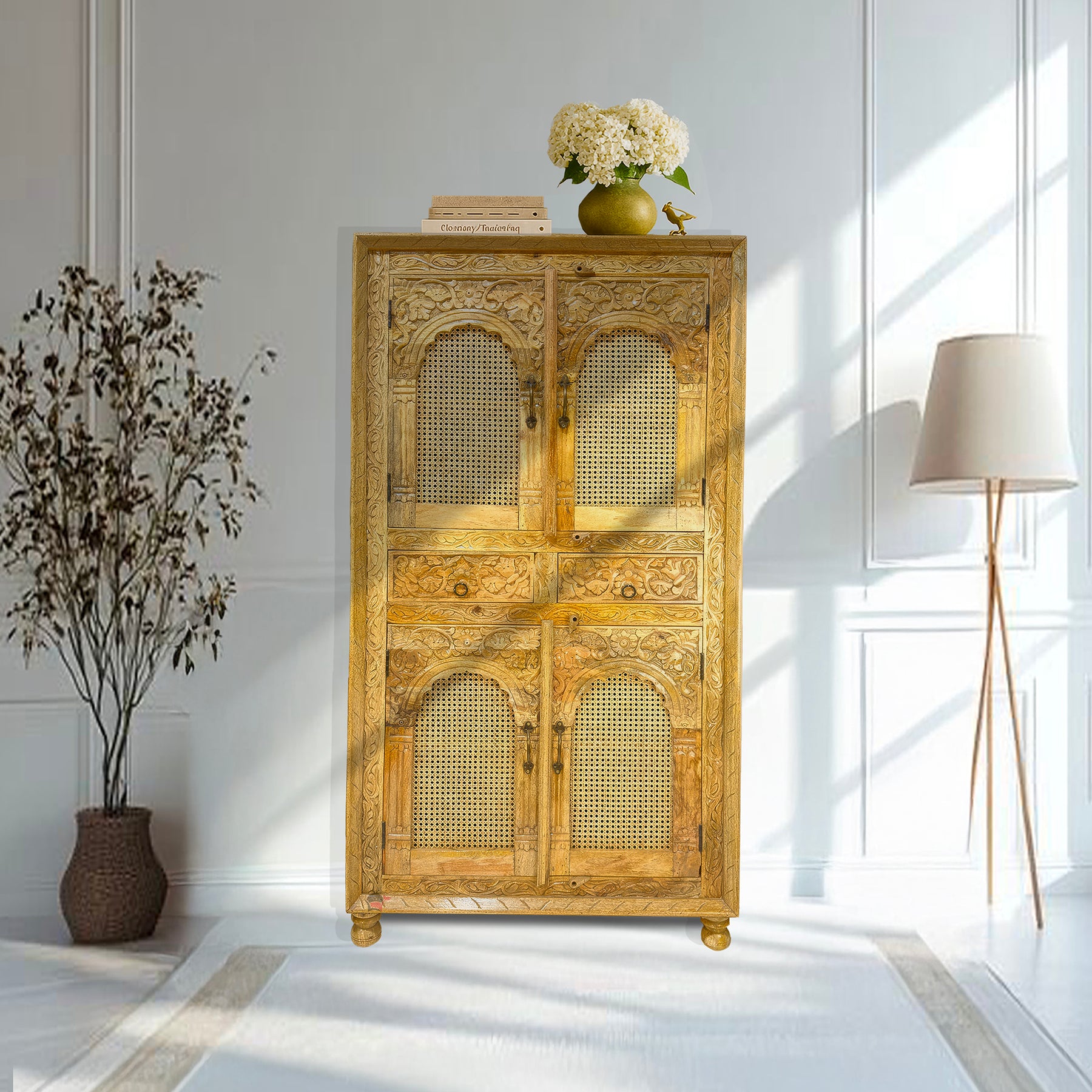 Hardwooden rattan cupboard with hand carving with natural wood finish