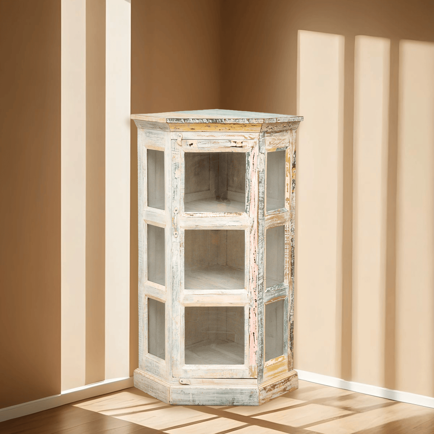 White rustic corner cabinet hand Mae Qatar, Handicrafted glass display corner cabinet Bahrain,vintage glass display shelf Dubai,